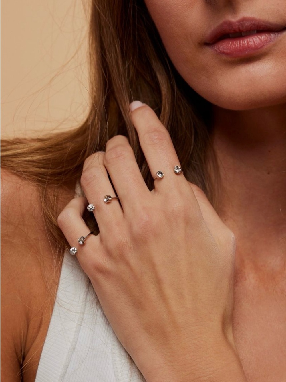 NWT Free People Delilah Ring Set Silver Rhinestone Gem Open Band 3 pc